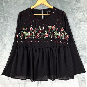 Womens Top Large Black Boho Fairy Whimsygoth Embroidered‎ Floral Babydoll Sheer